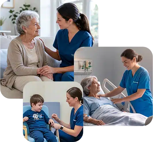 Cuidadoras da Home Angels atendendo idosos, crianças e adultos